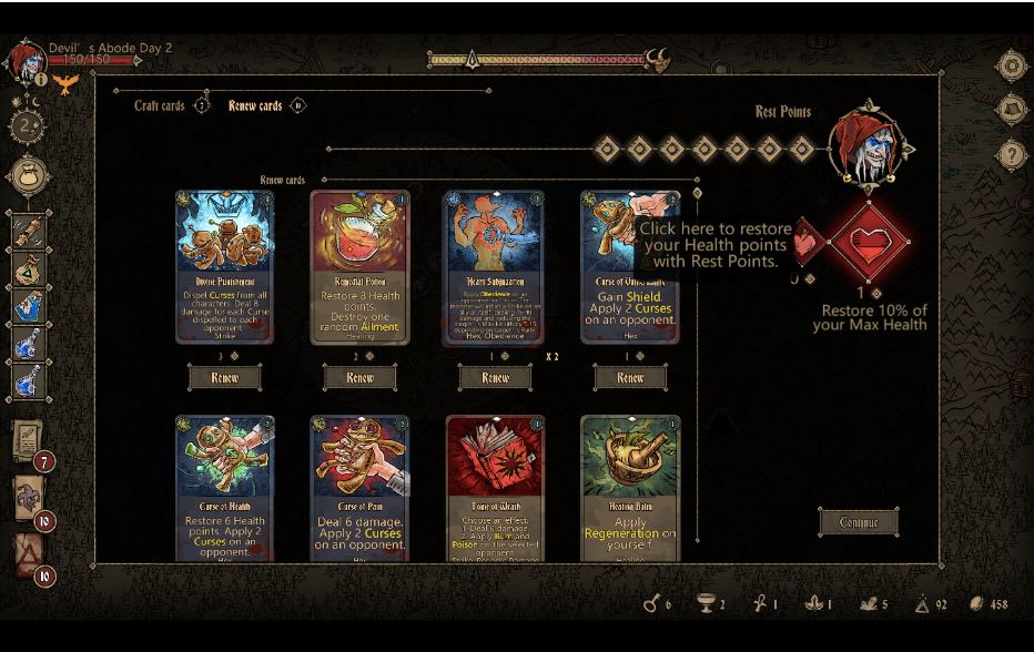 Gameplay-wise, Deck of Ashes is relatively simple but there’s a lot that you can do. As you travel you can mine for resources, open chests, go to dungeons, and fight beasts. The main objective is to strengthen your character as much as possible by gathering resources (herbs, relics, ores, keys, ash), crafting the best cards, and upgrading your character before the Ruler finds you aka the big boss fight happens. I don’t believe there’s a limit to how many cards you can have in your deck. It’s just you might not have enough materials to craft the cards since many card recipes need at least 20 ash to craft (which you can get from defeating monsters).